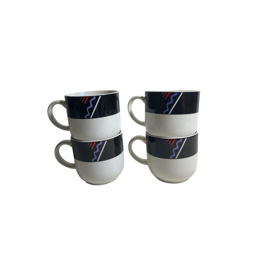 Vitromaster Tahiti Mugs Set of 4 Vintage Stoneware Black Colorful Wave 1980s 90s